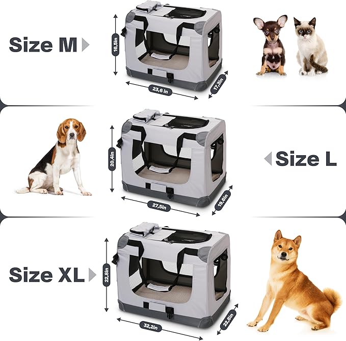 Folding Large Dog Carrier (27.5"x20.4"x19.6"), Pet Carrier, Soft Dog Crate with 3 Durable Tear-Resistant Mesh Window, Soft Pad and Bag for Supplies, Travel Crate Kennel for Pets (Gray)