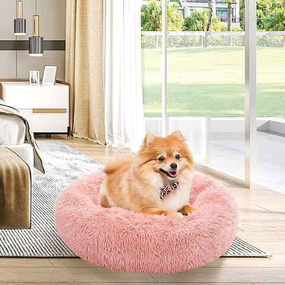 NOYAL Calming Donut Dog Bed for Small to Medium Dogs & Cats - Plush Faux Fur Anti-Anxiety Pet Bed with Machine Washable Cover & Non-Slip Base