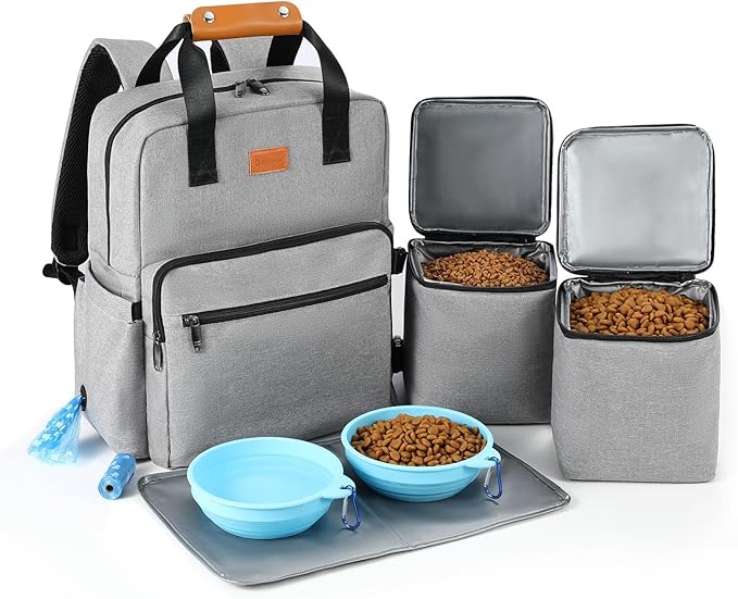 Dog Travel Bag, Airline Approved Organizer Backpack with Multi-Function Pockets, 25L Accessories Set with 2 Food Storage Containers, 2 Foldable Bowls for Weekend