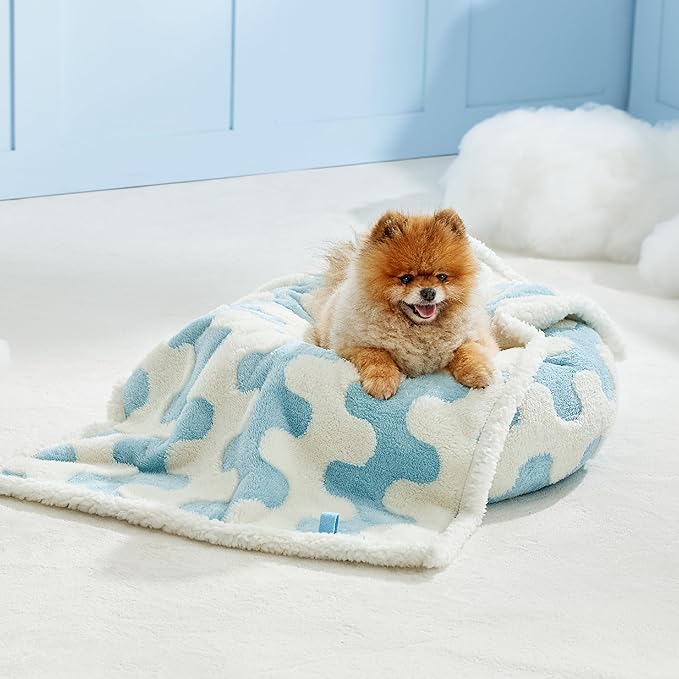 Lesure Waterproof Puppy Blanket for Small Dogs - Washable Double Sided Dog Blankets with Warm Jacquard Shag and Soft Sherpa Fleece, Pet Cat Blanket for Couch Protection, 3D Textured Wave, Blue
