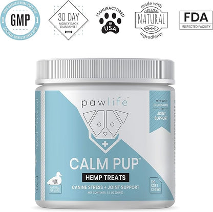 Calming Chews with Organic Hemp Oil| Dog Anxiety Relief & Travel Friendly| Glucosamine to Help with Join Support| 120 Soft Chews & up to 4-Month Supply