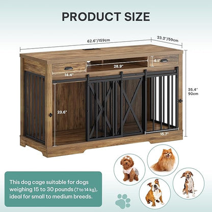 YITAHOME 63 Inch Double Dog Crate TV Stand with Charging Station, Heavy Duty Wooden Dog Crate Furniture for 2 Dogs, Dog Kennel Indoor Furniture Double Sliding Barn Door Design Ideal for 2 Dogs, Oak