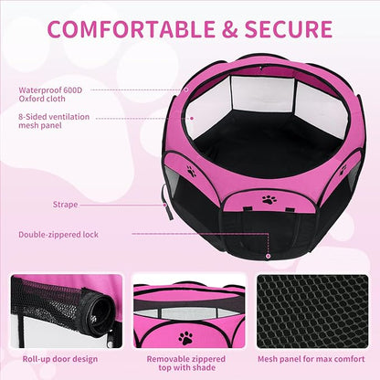 Dog playpen, Foldable Puppy Playpen, Pet Playpen Carrier Pop Up Tent 8-Panel Mesh Cover Adorable Design 600D Soft Oxford Playpen Kennel for Indoor-Outdoor Dog Cat Rabbit. (M 35" 35" 24", Rose)