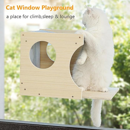 Window Cat Perch Shelves for Inside, Sturdy Wood Climbing Seat Mounted with Heavy Duty Suction Cups, Corner Window Bed for Overlooking and Sleeping(Right)
