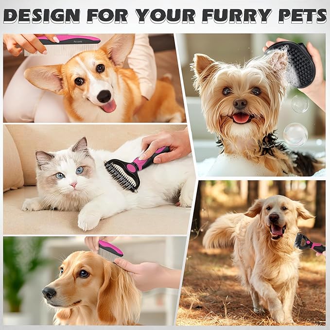 3PCS Dog Grooming Kit I Dog Brush for Shedding I Deshedding Dog Brush I Metal Dog Comb I Dog Bath Brush I Undercoat Rake for Dogs and Cats I Premium Pet Supplies (Pink Black)