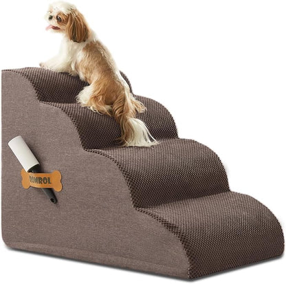 ROMROL Dog Stairs, Romrol Dog Steps Ramp for High Bed and Couch, Dog Ramp with Durable Non-Slip Waterproof Fabric Cover, Pet Stairs for Small Dogs and Cats or Pets Joints, 4-Tiers,Coffee