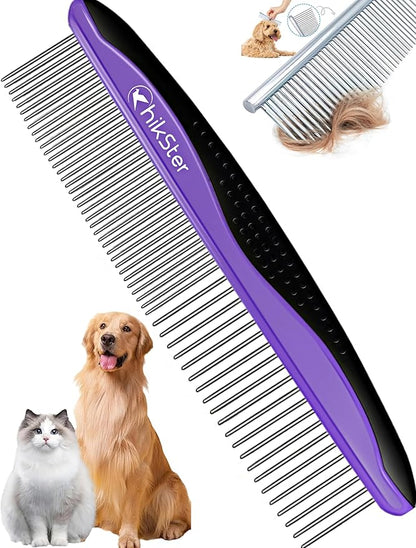 Dog Comb for Grooming Pet Comb with Stainless Steel Rounded Teeth Rubber Handle for Large Medium & Small Cat Comb Removes Knots & Tangled Hair