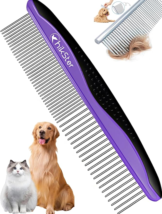 Dog Comb for Grooming Pet Comb with Stainless Steel Rounded Teeth Rubber Handle for Large Medium & Small Cat Comb Removes Knots & Tangled Hair