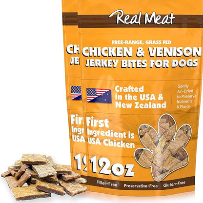 Real Meat Dog Treats - Two 12oz Bag of Bite-Sized Air-Dried Venison & Chicken Jerky for Dogs - Grain-Free Jerky Dog Treats with 95% Human-Grade, Free-Range Venison & Chicken - All-Natural Dog Treats