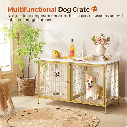 Dog Crate Furniture for 2 Dogs, 43.3" Dog Kennel with Removable Divider, Heavy Duty Wooden Dog Kennel for Small Medium Dog, Indoor Dog Cage End Table with Double Doors, White DCJW1201