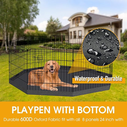 Dog Playpen Regular Octagon Metal Exercise Pet Playpen 8 Panels 24 Inch Bottom Pad Cover for Small Medium Pets Indoor Outdoor(Only Black Bottom pad Cover, Playpen Not Included)