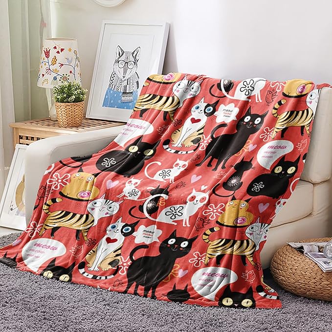 Ultra Soft Flannel Cat Throw Blanket - Cute Pattern, 50"x60" Gift for Cat Lovers (Women, Men, Kids, Adults)