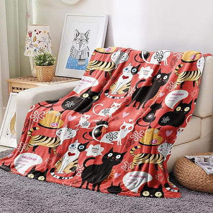 Ultra Soft Flannel Cat Throw Blanket - Cute Pattern, 50"x60" Gift for Cat Lovers (Women, Men, Kids, Adults)