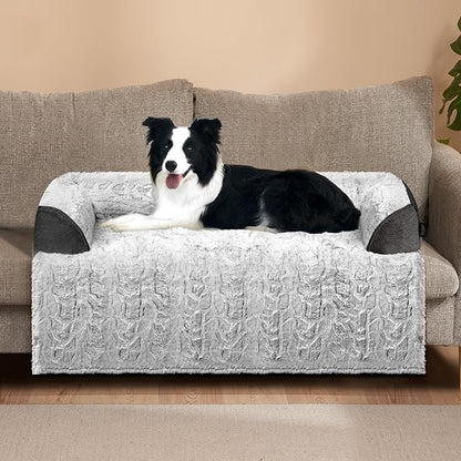 Calming Large Dog Bed for Couch, 41 x 37 inch Removable Couch Cover for Dogs Washable, Non-Slip Fluffy Plush Dog Sofa Mat for Furniture Protector - Grey