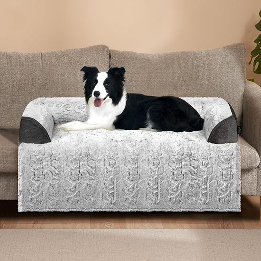 Calming Large Dog Bed for Couch, 41 x 37 inch Removable Couch Cover for Dogs Washable, Non-Slip Fluffy Plush Dog Sofa Mat for Furniture Protector - Grey