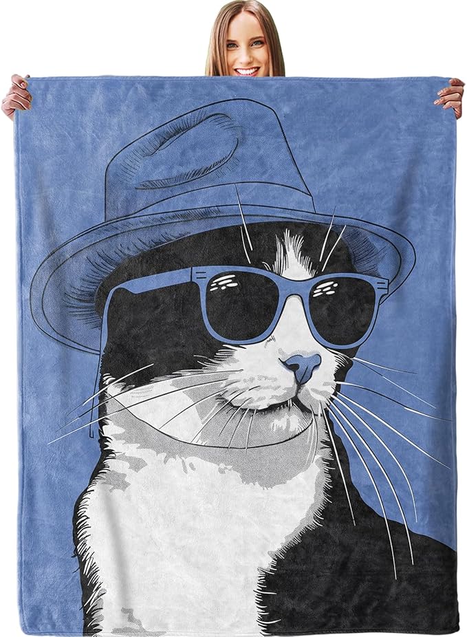 Funny Cat Blanket Flannel Throw Blanket - Soft Plush, Lightweight, Comfy, Warm, Fuzzy, All-Season Gift for Sofa, Bedroom, Bed, Living Room, Outdoor Use for Women Men 50in×60in