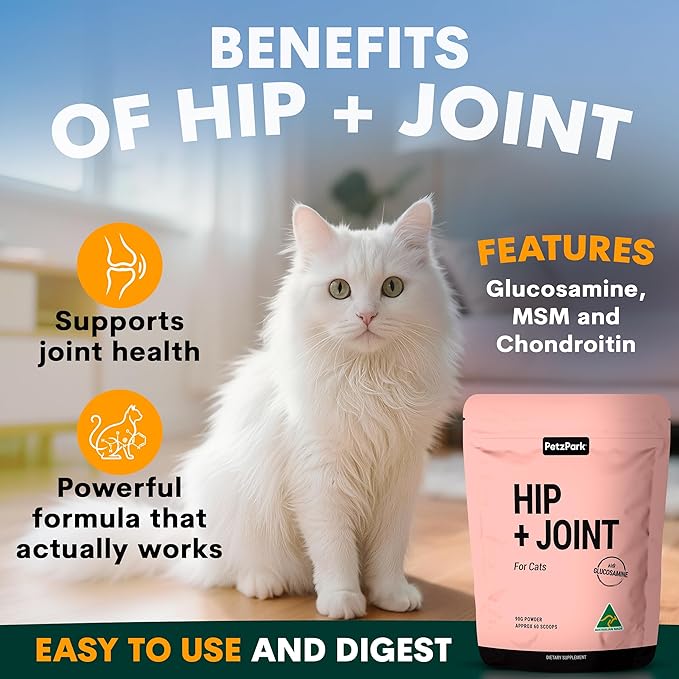 Hip and Joint Supplement for Cats - Glucosamine, Chondroitin, MSM for Joint Hip Care, Arthritis Pain Relief, Mobility Support, Cartilage Health, Inflammation Reduction - Senior Cat Support, 60 Scoops