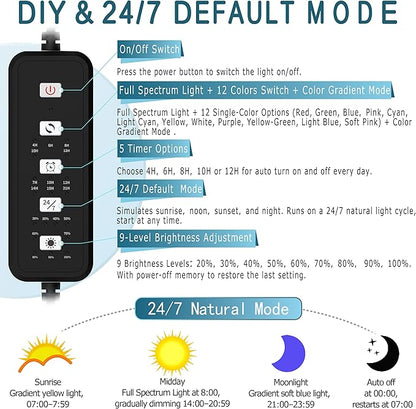 LED Aquarium Light, 24/7 Mode IP68 for Plants-Full Spectrum Fish Tank Light, 12-18 Inch, Sunrise-Daylight-Moonlight, White Blue Red Green Pink LEDs with Extendable Brackets for Freshwater