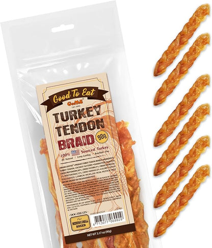 Gootoe Turkey Tendon Dog Treats  100% USA-Sourced, Natural Snack, Premium Training Chews, Hypoallergenic, Reseal Value Bags, Size for Medium & Small Dogs, Braid (Medium) 3.17 oz/Pack (90gm)