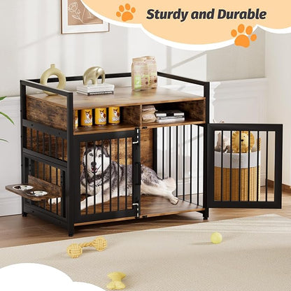 Dog Crate Furniture, Large Dog Cage with 2 Open Storage Shelves, 48 Inch Dog Kennel with Adjustable Raised Feeders, Indoor Heavy Duty Metal End Table Dog Crate for Large Dogs