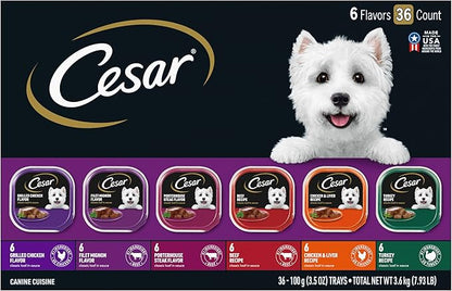 Cesar Wet Dog Food Classic Loaf in Sauce Grilled Chicken, Filet Mignon, Porterhouse Steak, Beef, Chicken & Liver and Turkey Variety Pack 3.5 oz. Easy Peel Trays (36 Count, Pack of 1)