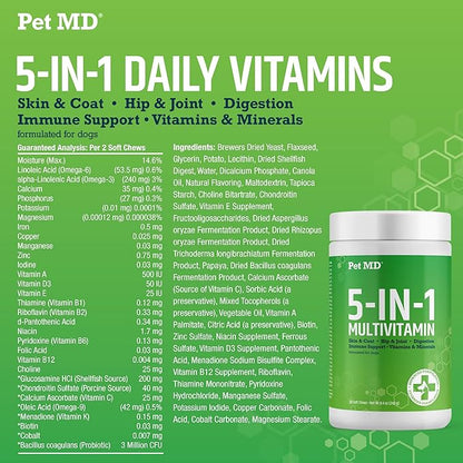 Pet MD 5in1 Dog Multivitamin - 30 Essential Vitamins, Minerals & Nutrients for Skin & Coat, Hip & Joint, Digestion, Senior Dog & Puppy Vitamins - Glucosamine, Omega 3 6 9, & Probiotics - 60ct