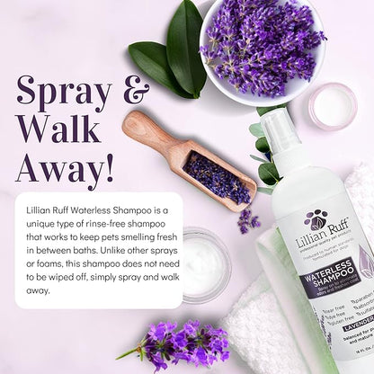 Lillian Ruff Waterless No-Rinse Dog Dry Shampoo Spray with Hydrating Essential Oils - pH-Balanced Dry Shampoo for Dogs - Clean, Condition, Detangle & Deodorize Dry, Sensitive Skin (Lavender)