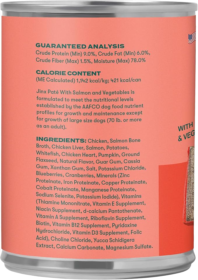 Jinx Premium Wet Dog Food Cans - Salmon Pate - Grain-Free Canned Dog Food Pate & Topper with Real Ingredients & No Fillers - All Life Stages, Breeds & Sizes - 12-Pack, 13 Oz