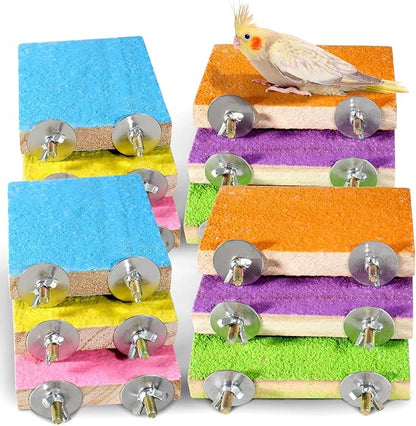 Reginary 12 Pcs Bird Perch Stand Toy Wood Parrot Stand Platform Colorful Paw Grinding Playground Rat Bird Cage Accessories for Pet Parrot Cockatiels Lovebirds, 6 Colors