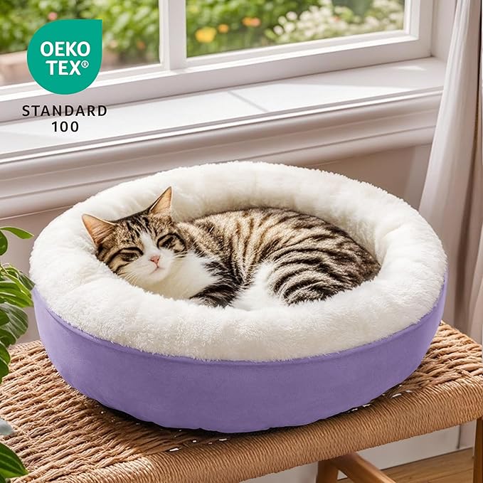 Love's cabin Round Donut Cat and Dog Cushion Bed, 20in Pet Bed for Cats or Small Dogs, Anti-Slip & Water-Resistant Bottom, Super Soft Durable Fabric Pet beds, Washable Luxury Bed Lavender