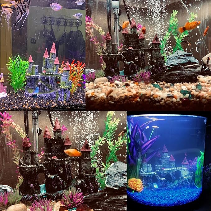 Aquarium Castle Decorations,Resin Castle for Fish Tank with Randomly Color Plants Decor Accessories for Freshwater and Saltwater Fish Tanks (Red)