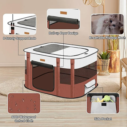 Dog Playpen - Foldable Cat Play Pens for Pubby, Kitten, Rabbit, Portable Pet Tent with Carring Bag for Indoor/Outdoor Travel Camping (Brown-Large)