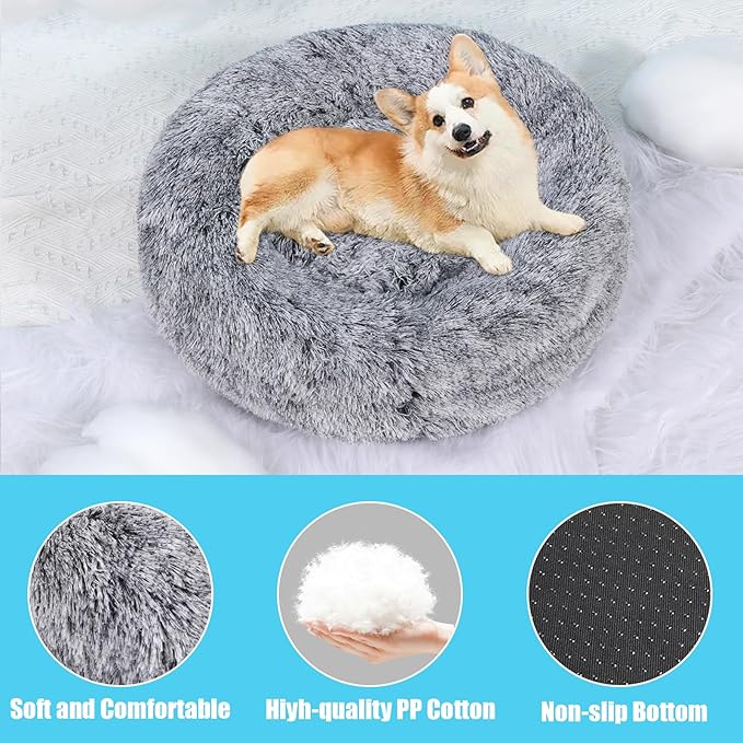 HYQ Small Dog Bed, Pet Beds for Small Dogs, Cat Beds for Indoor Cats, Fluffy Faux Fur Plush Small Dog Bed, Washable Puppy Bed with Anti-Slip Bottom, Dog Bed Small Size Dog (Gray-White, 17 Inch)