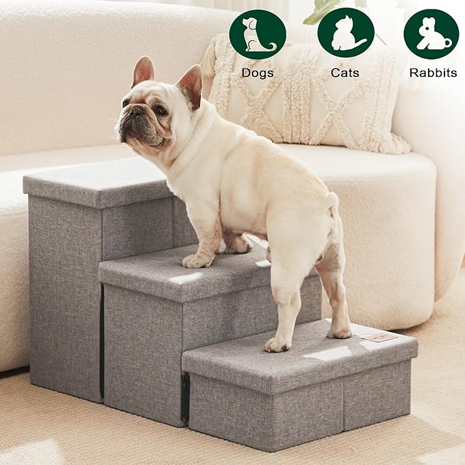 Love's cabin Dog Stairs for High Bed 18"H,Foldable Pet Stairs for Small Medium or Large Dogs Puppy with Storage for Bed or Couch, Cat Dog Steps Ramp with Zip up to 210 lbs(Solid Grey,3 Steps no Condo)