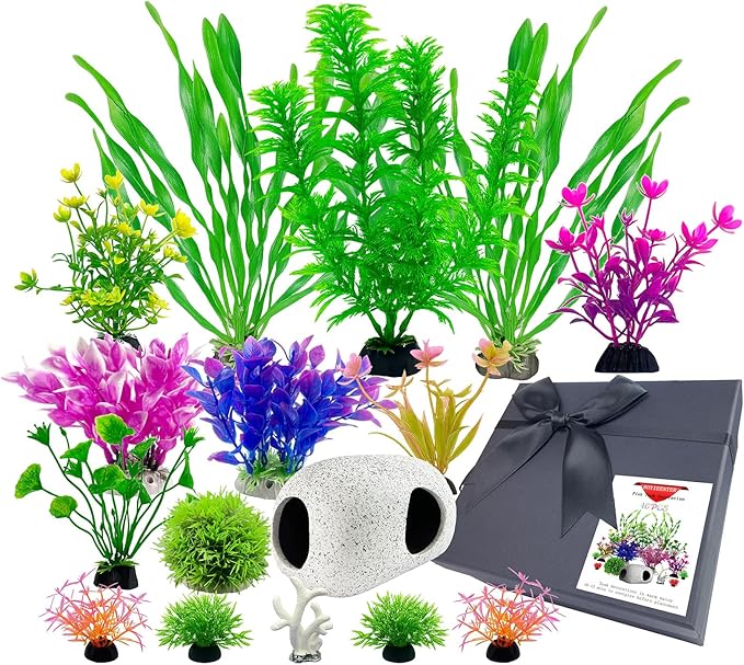 Aquarium Decorations Set, 16Pieces Artificial Plastic Plants & Smooth Fish Cave Rock, Non-Damaging Ornaments for Fish Tank with Gift Box Packaging, Goldfish & Betta Fish Tank Accessories