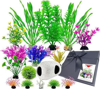 Aquarium Decorations Set, 16Pieces Artificial Plastic Plants & Smooth Fish Cave Rock, Non-Damaging Ornaments for Fish Tank with Gift Box Packaging, Goldfish & Betta Fish Tank Accessories