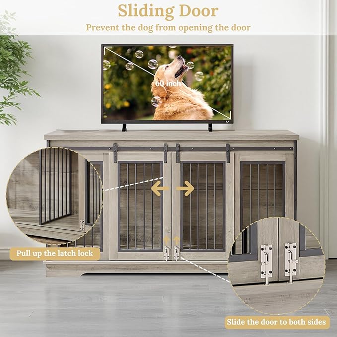 Rovibek 60.6" Double Dog Crate Furniture, Large Dog Kennel Furniture TV Stand for 2 Dogs, Furniture Style Dog Crates End Table, Wood Crates for Dogs Grey