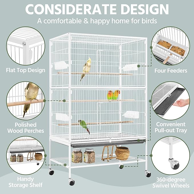 Yaheetech 52inch Bird Cage Extra Large Parakeet Parrot Cage for Lovebird Cockatiel Conure Finch with Rolling Stand White