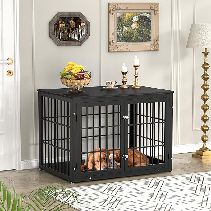 42 Inch Heavy Duty Dog Crate Furniture for Large and Medium Dogs, Decorative Pet House End Table, Wooden Cage Kennel Furniture Indoor, Black