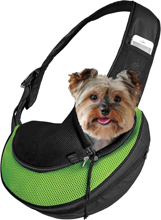 Expandable Pet Carrier Sling Bag - Small Dog, Puppy and Cat Carrier Front Shoulder Backpack w/Harness Strap - Carrying Pouch for ESA, Animal Travel - PU Leather Bottom, Mesh Pocket by Katziela (Green)