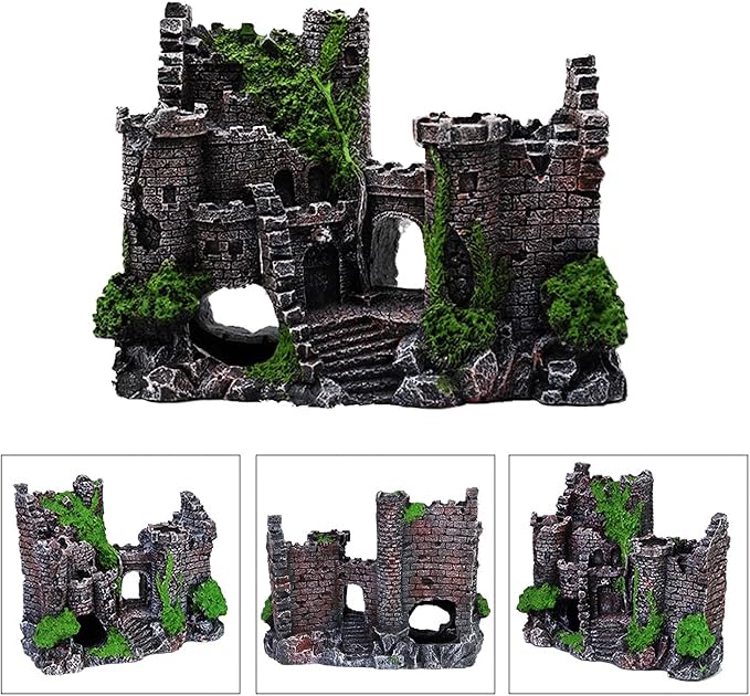 Mipukbay Aquarium Decor Castle, Resin Fish Tank Ornament for Freshwater/Saltwater, Safe Green Landscape Rock Cave