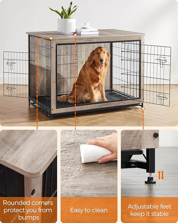Feandrea Dog Crate Furniture, 44.1" Side End Table, Modern Kennel for Dogs Indoor up to 80 lb, Heavy-Duty Dog Cage with Multi-Purpose Removable Tray, Double-Door Dog House, Greige UPFC004G01