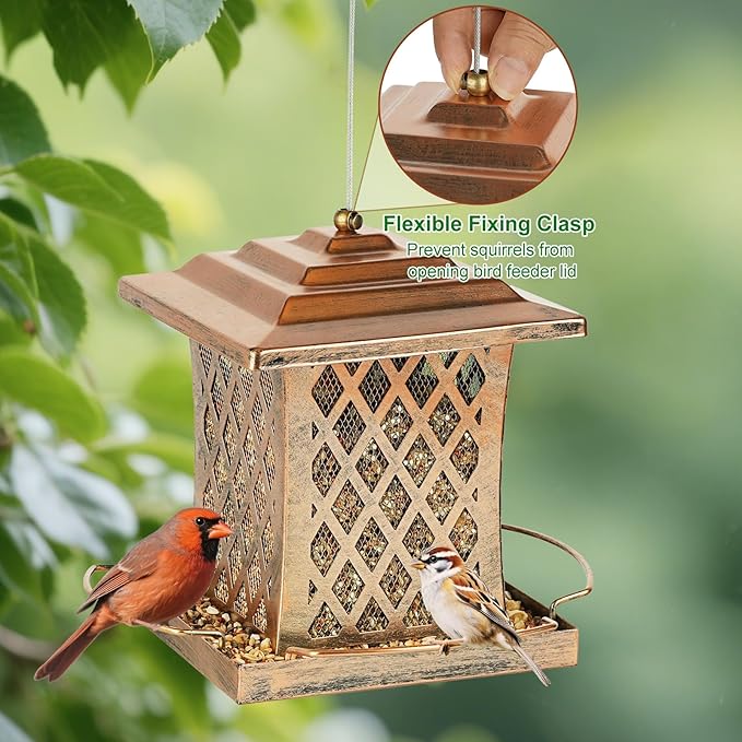 Outdoor Bird Feeder, Heavy Duty Retro Lamp Style Bird Feeders for Outside Hanging, Double Metal Mesh Birdfeeder with Lid Fixing Buckle, 3Lbs Capacity - Bronze