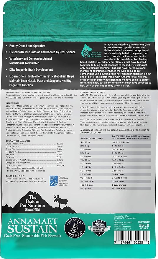 Annamaet Grain-Free Sustain Formula Dry Dog Food, (Line-Caught Cod & Free-Range Turkey), 25-lb Bag