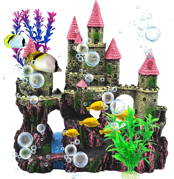Aquarium Castle Decorations, Resin Castle for Fish Tank with Randomly Color Plants Decor Accessories for Freshwater and Saltwater Fish Tanks (Pink)