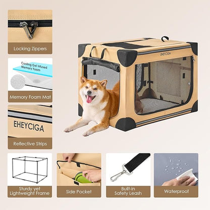 EHEYCIGA Collapsible Dog Crate 30 Inches, Portable Travel Crate for Medium Dogs, Soft Foldable Pet Kennel with 4-Door Mesh Windows Indoor & Outdoor, Beige