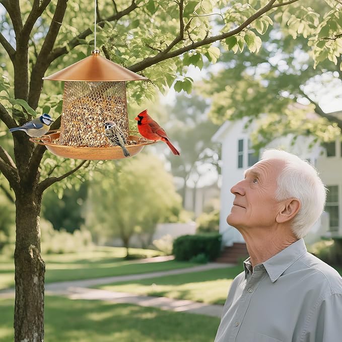 LBTING Bird Feeder for Outside, Metal Lantern-Shaped Bird Feeder, Squirrel Proof Wild Bird Feeders for Hanging Outdoor Garden Yard, Bright Gold