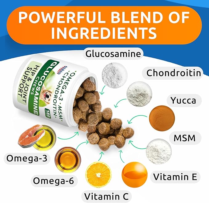 Glucosamine Chondroitin Dog Hip & Joint Supplement - Joint Pain Relief - Hip & Joint Chews for Dogs - Joint Support Large Breed - Senior Doggie Vitamin Pills Joint Health - (360 Treats - Chicken)