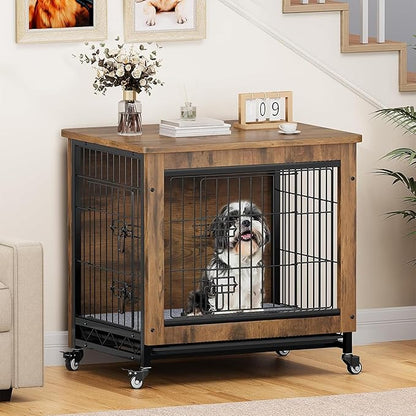 DWVO Dog Crate Furniture with Wheels, 27" Dog Kennel Indoor with Cushion, Dog Crate End Table with Tray, Dog Cage with Double Doors for Small Dog (Rustic Brown)