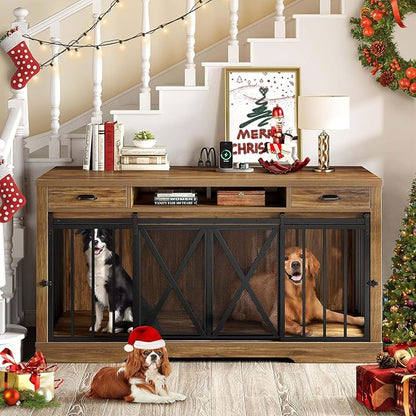 YITAHOME 63 Inch Double Dog Crate TV Stand with Charging Station, Heavy Duty Wooden Dog Crate Furniture for 2 Dogs, Dog Kennel Indoor Furniture Double Sliding Barn Door Design Ideal for 2 Dogs, Oak